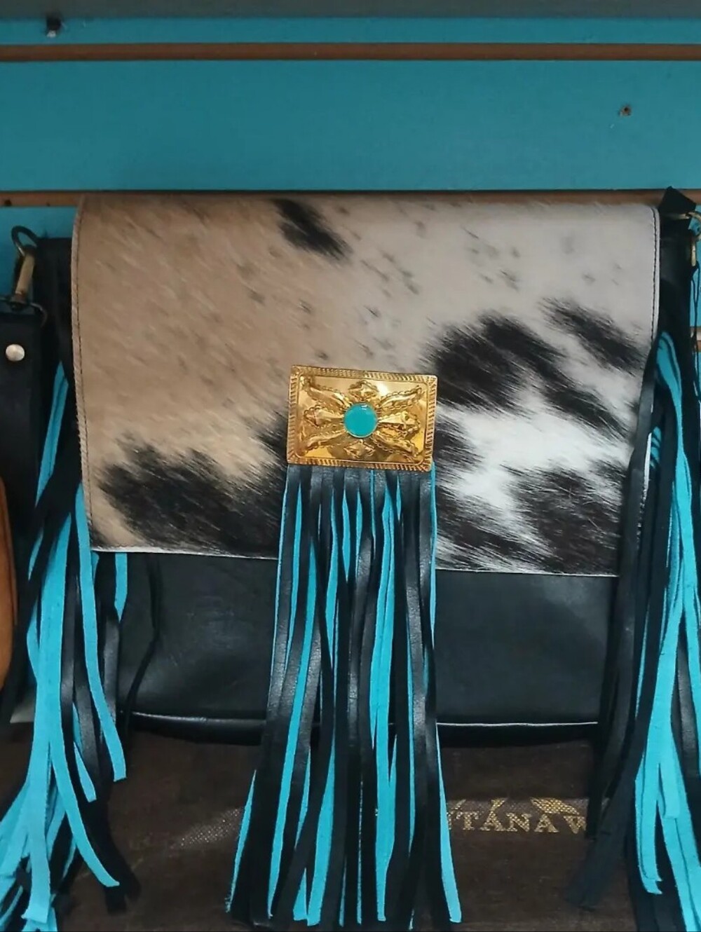 Genuine Cowhide Turquoise & Black Fringe  Crossbody Bag - Western Style